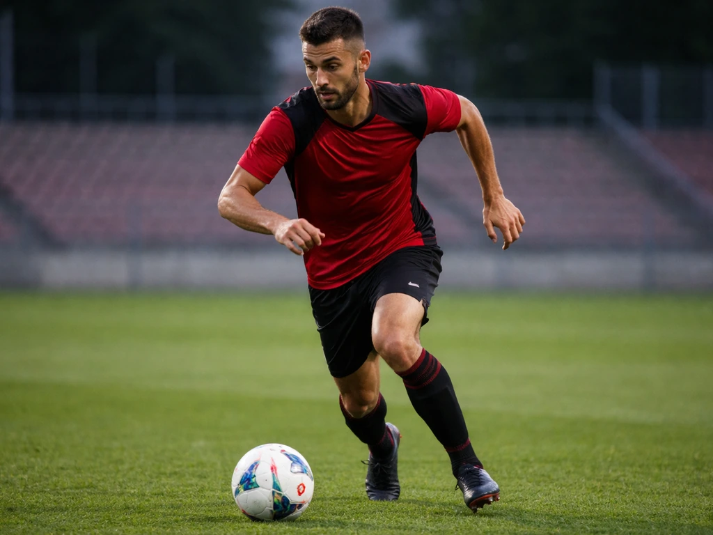 Bruno Fernandes-inspired footballer in a red-and-black kit on a stadium pitch, focused and ready.