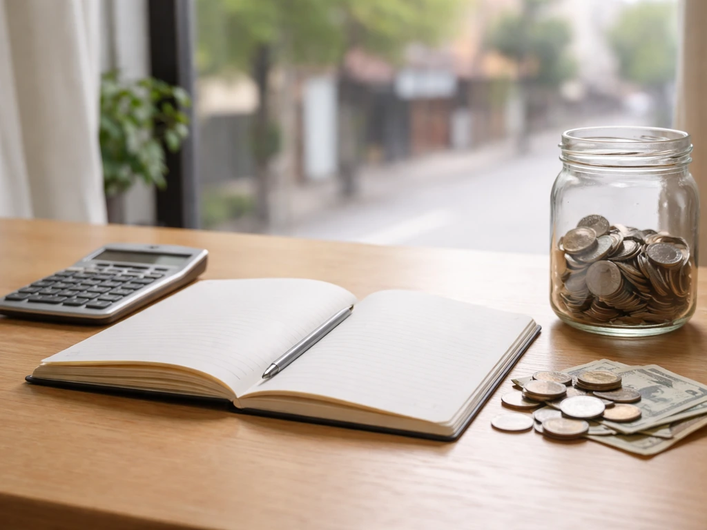 Minimal photo of a notebook, calculator, and coins on a desk beside blurred city view, symbolizing asset vs liability.