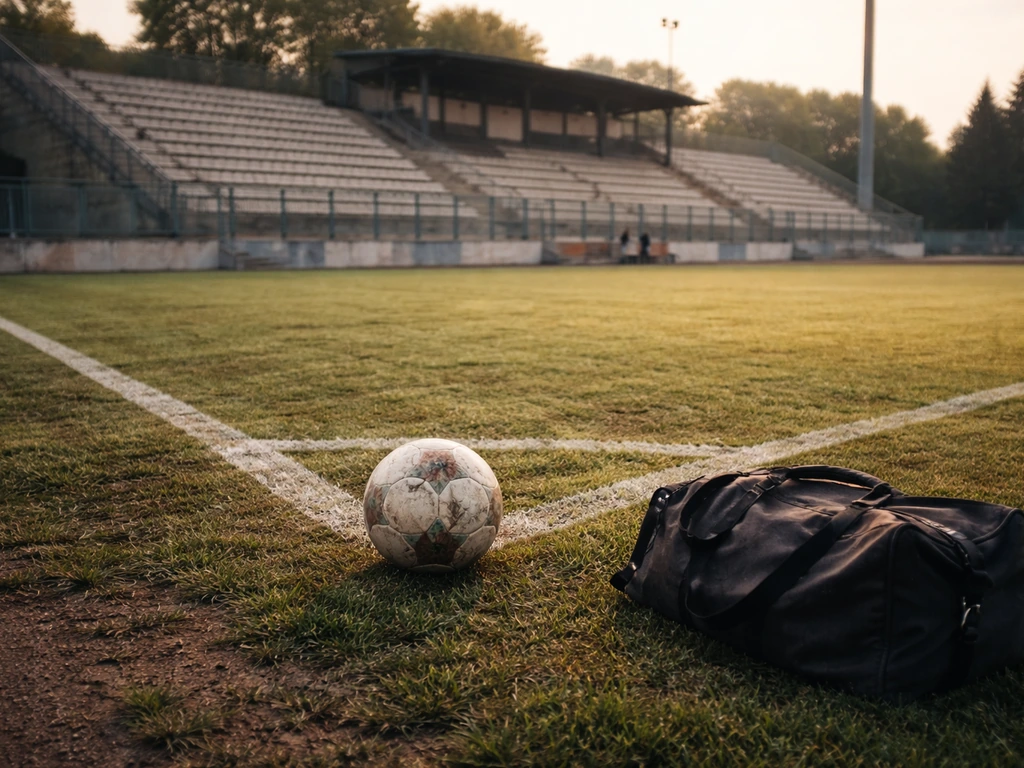 Empty Italian stadium corner with a scuffed training ball and a travel bag in morning light.