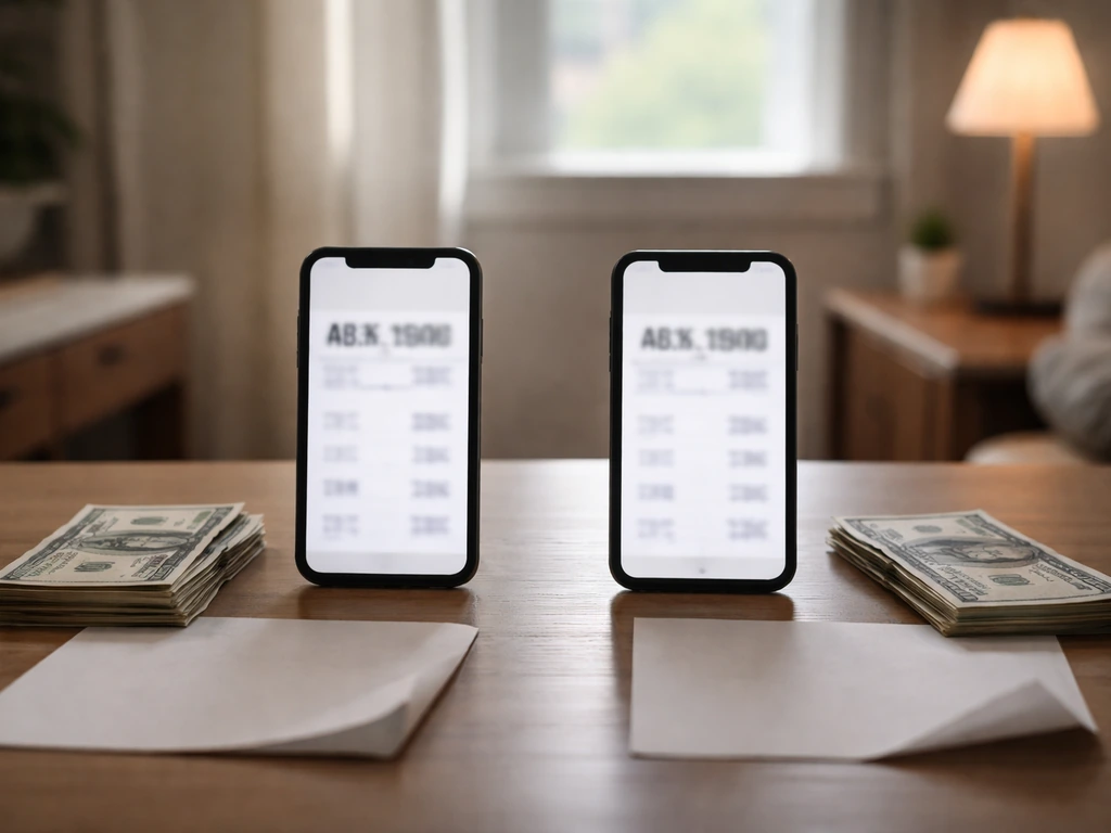 Two phones on a desk with contrasting blurred finance figures beside cash, showing inconsistent net worth numbers.