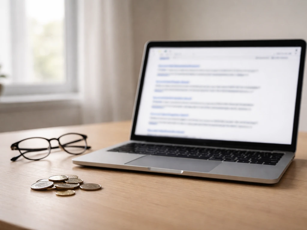 Minimal office desk with a laptop showing blurred search results and a few coins, symbolizing verifying a person online.