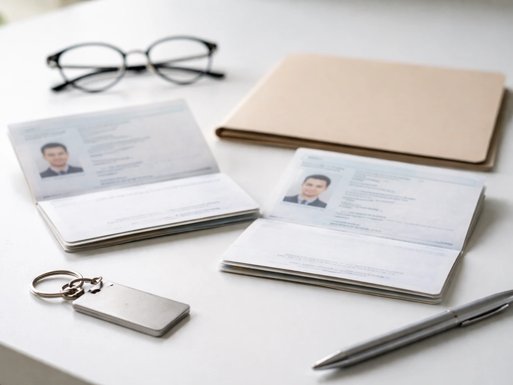 Open passports and documents on a desk, with eyeglasses and a blank key tag for disambiguation.