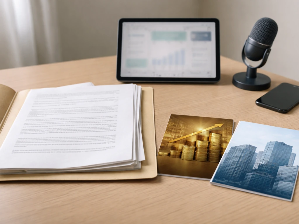 Minimal desk collage of investment reports and media tools suggesting a credible net worth analysis