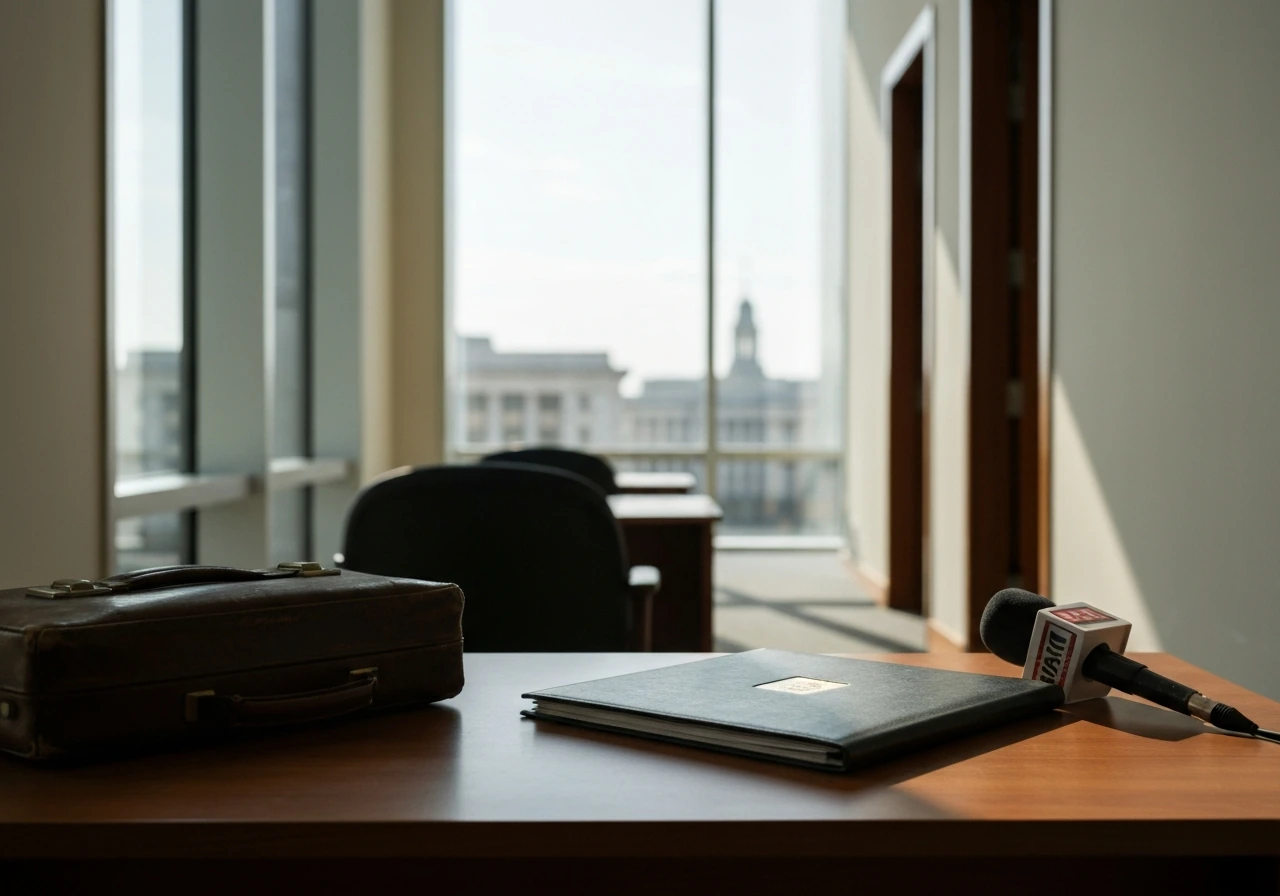 Empty office desk with vintage microphone and briefcase, symbolizing political/media interest in wealth.