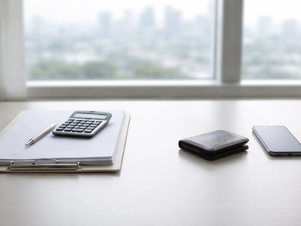 Minimal office desk scene with a calculator, scattered documents, and a muted city view symbolizing net-worth estimates.