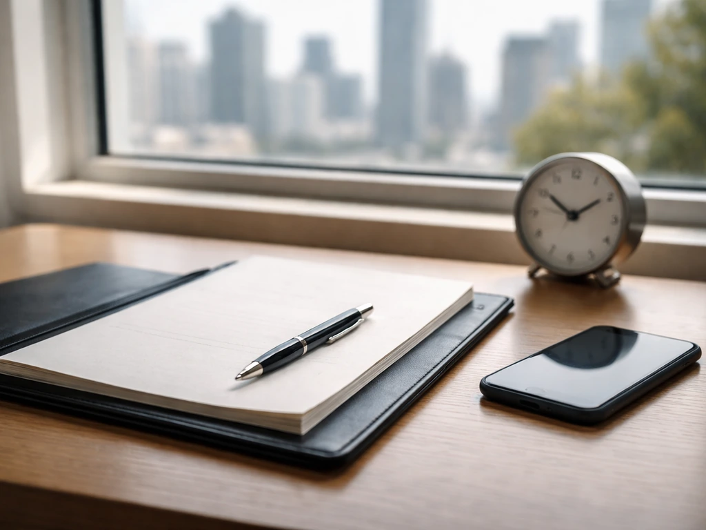 Minimal desk scene with blank papers, pen, and smartphone near a window skyline, symbolizing career and finance mileston