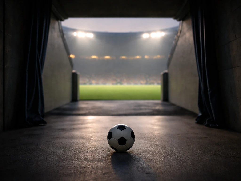 An empty stadium tunnel at dusk with a football at the entrance, symbolizing a pro footballer’s spotlight and net-worth