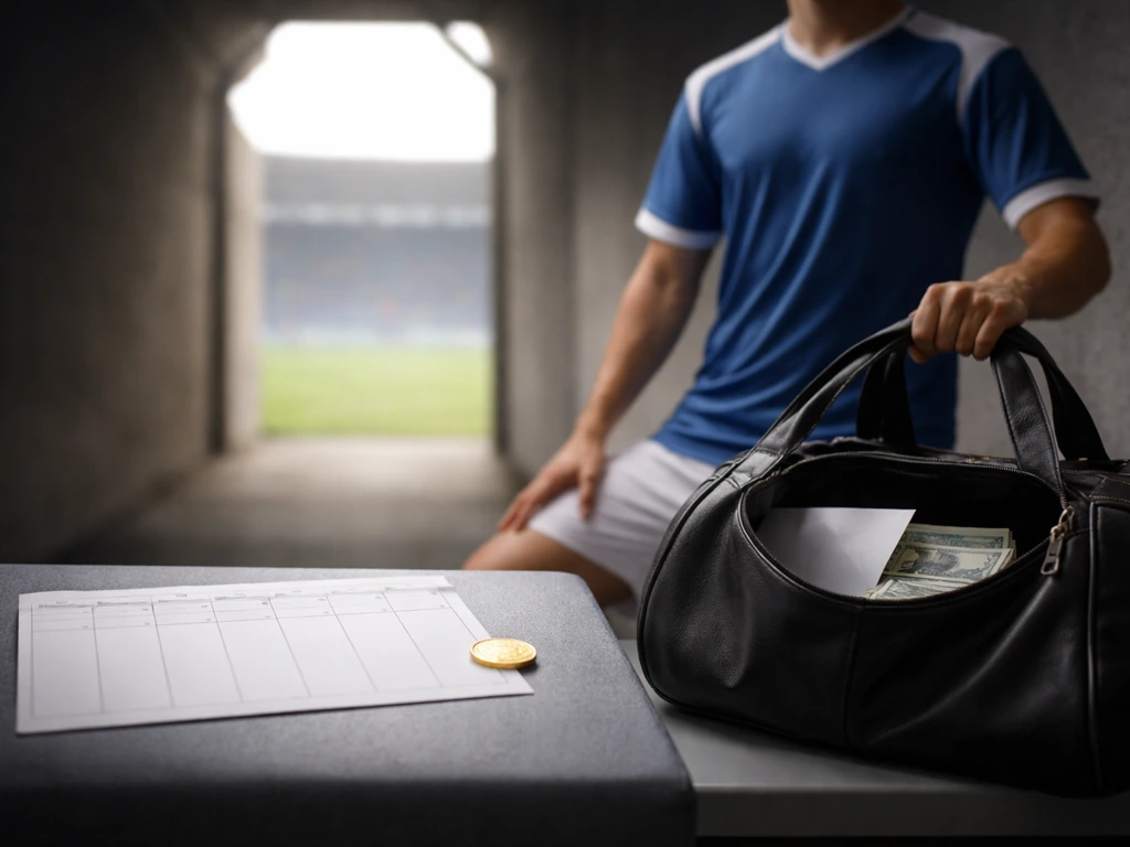Anonymous footballer in a stadium tunnel with a football bag holding cash and a blank weekly calendar page.