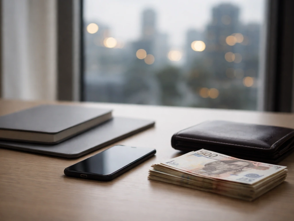 Minimal desk scene with a smartphone, transfer-folder folder, and scattered euros suggesting wealth and career moves