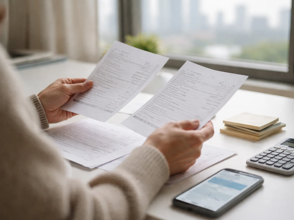 Person reviewing anonymous financial documents on a desk with a calculator and smartphone