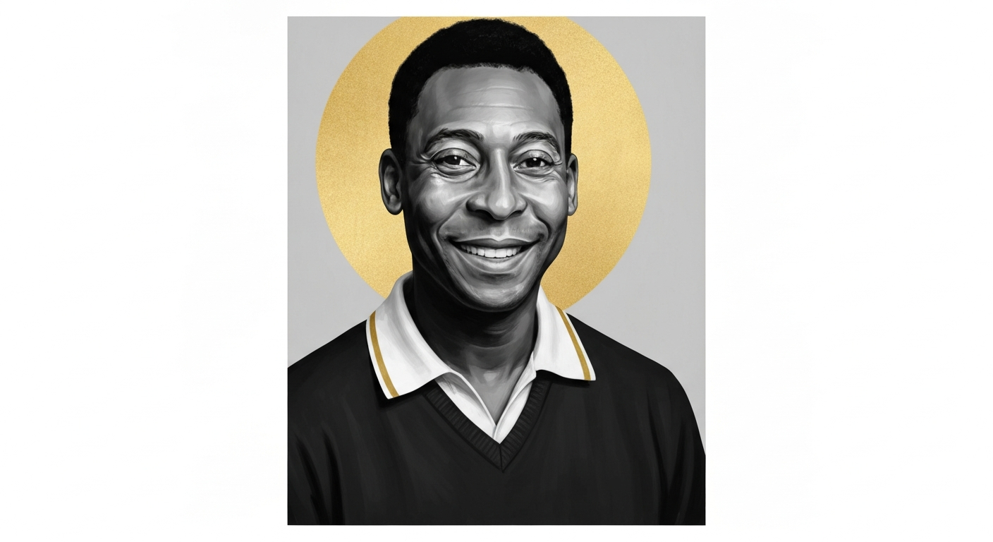 Stylized editorial portrait illustration of Pelé in black and white with gold accents, showing him smiling in a dignified three-quarter view.