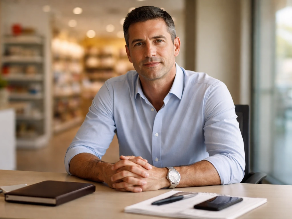 Anonymous business leader seated at a clean office desk with a modern showroom blurred behind him.