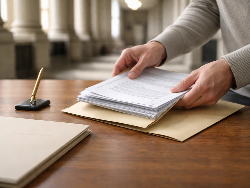 An anonymous person at a courthouse-style desk checking official legal documents and a file folder.