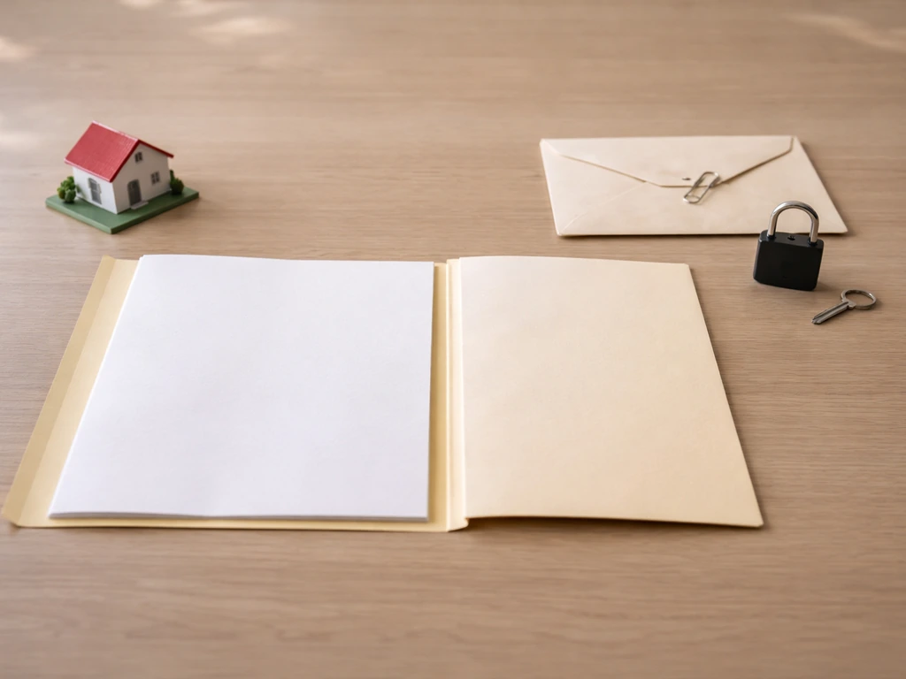 Minimal desk with house and documents on one side, padlock on the other to suggest assets minus liabilities.