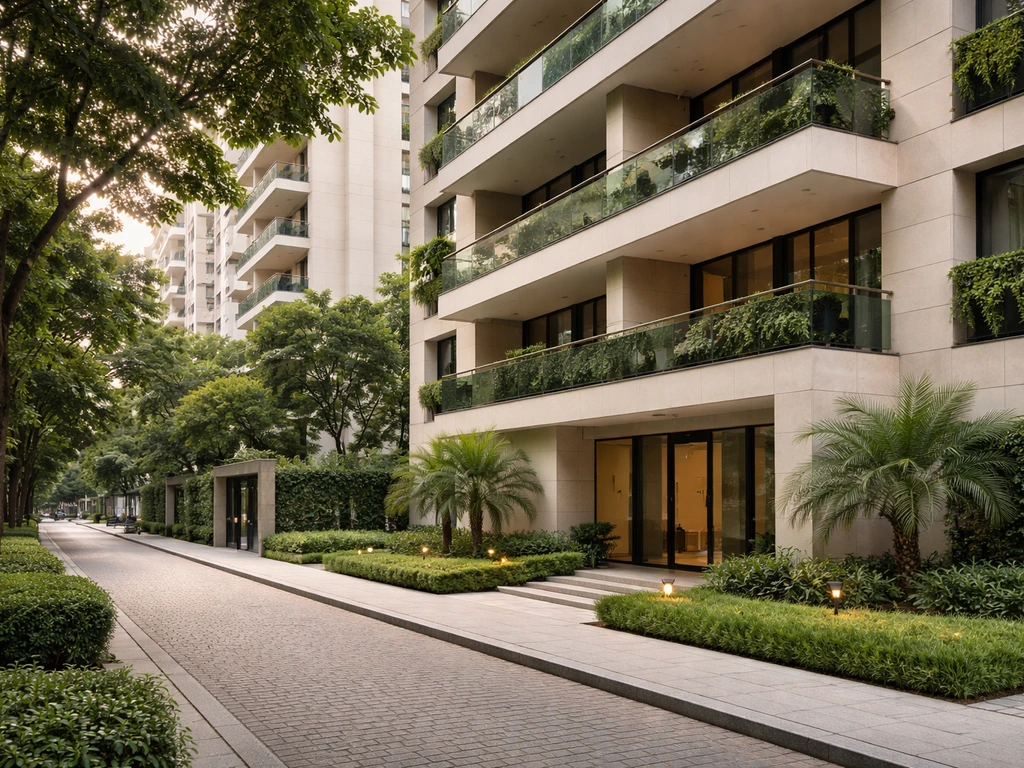 Quiet view of an upscale São Paulo apartment neighborhood in Higienópolis, hinting at a duplex residence