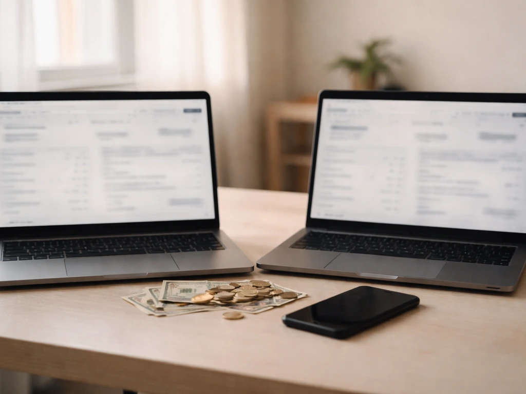 Two laptops on a desk with blurred finance pages and coins, suggesting conflicting net-worth figures.