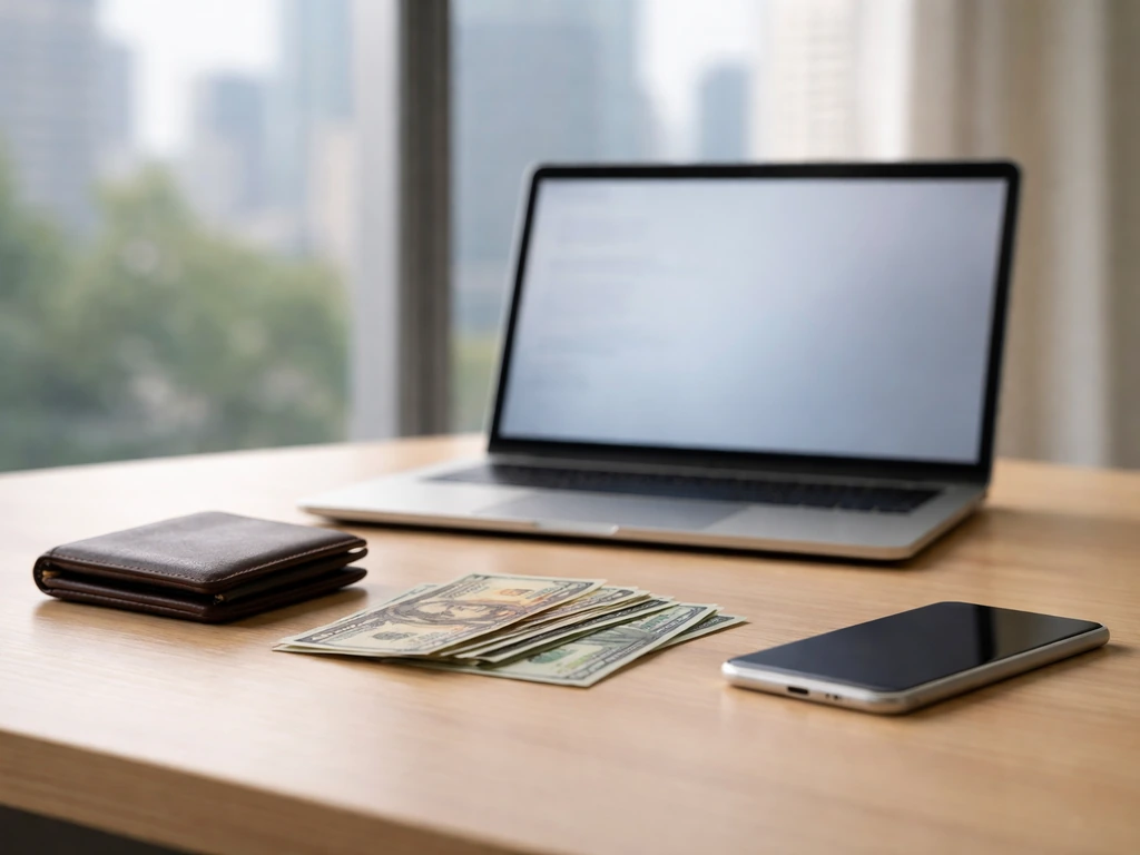 Minimal photo of a modern desk with money and a laptop showing an anonymous financial snapshot