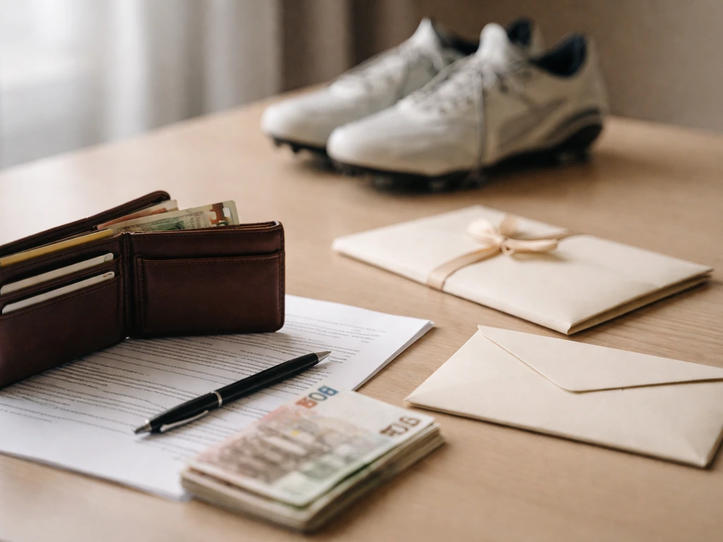 Anonymous desk scene with wallet, euro cash, envelopes, contract paper, and athletic cleats.