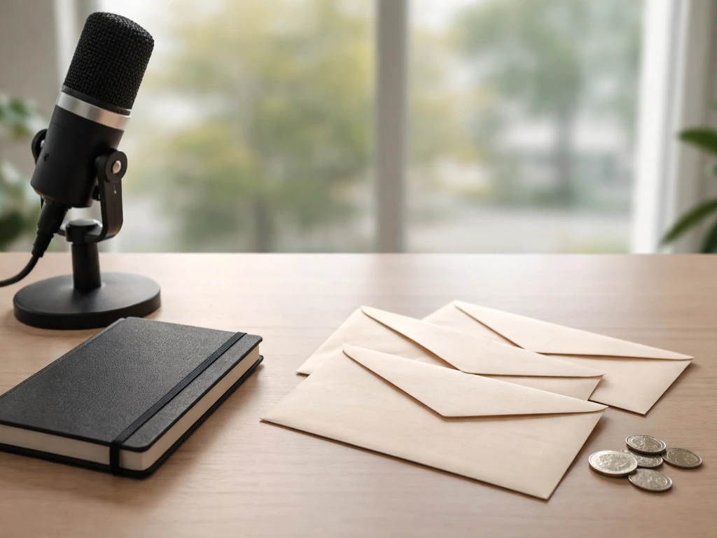 Minimal office desk scene with a microphone and neatly arranged envelopes, symbolizing performance-linked bonuses.