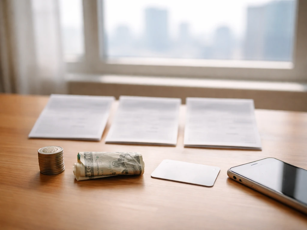 Minimal office desk with separate envelopes, money items, and a phone suggesting comparing estimates from different sour