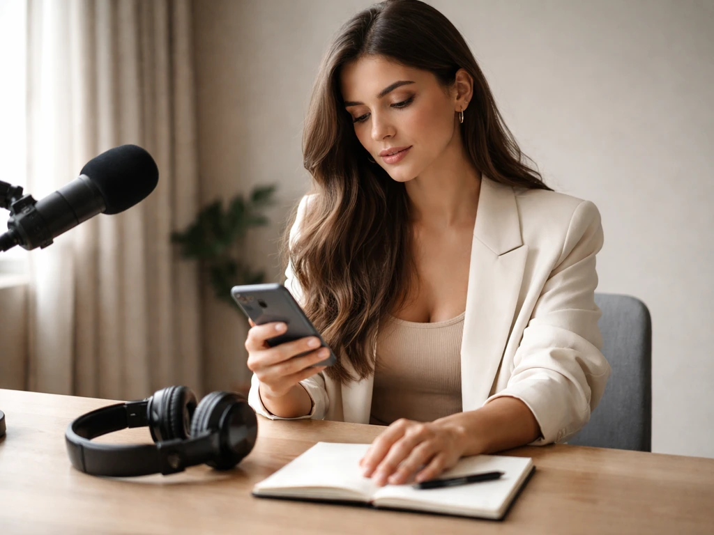 Anonymous media-studio desk scene with headphones and smartphone, symbolizing research on income and assets.