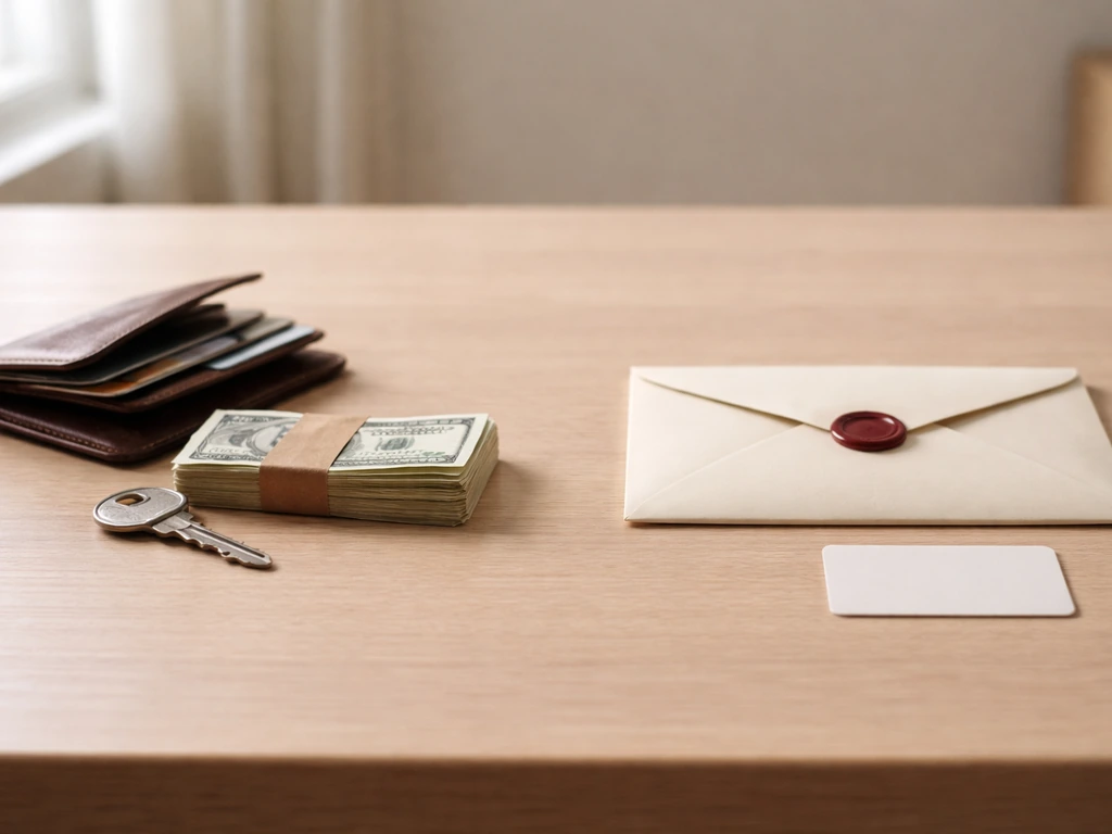 Minimal desk scene showing assets items on one side and liabilities items on the other.