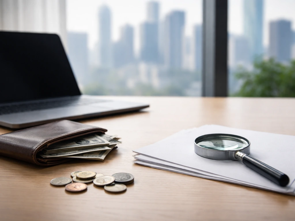 Minimal office desk with wallet, coins, magnifying glass, and blank papers suggesting skepticism about net worth figures