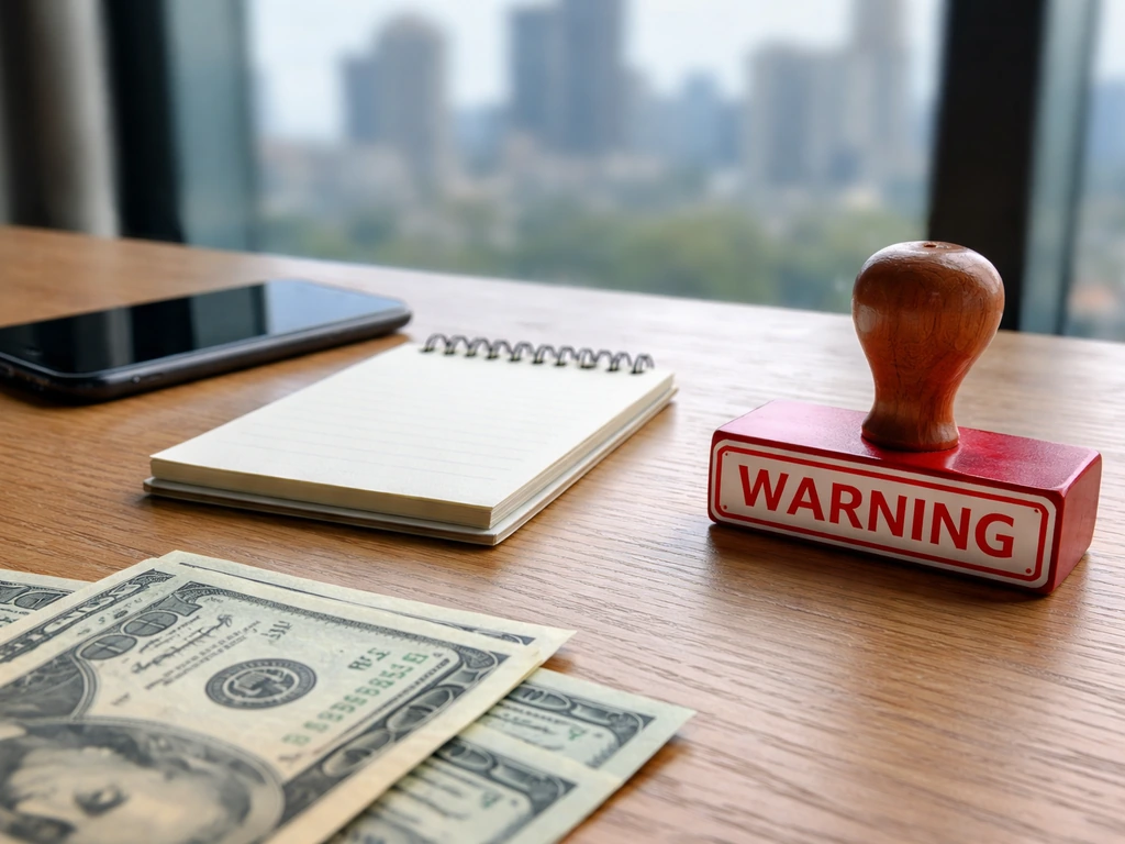 Close-up of a phone and notepad beside scattered bills and a red warning stamp on plain desk