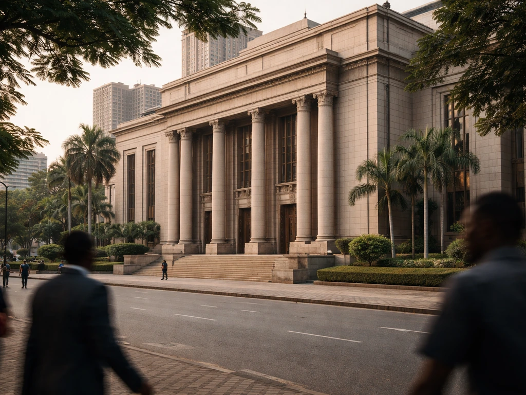 Minimal photo of a central bank building facade with financial street ambiance for credible net worth context