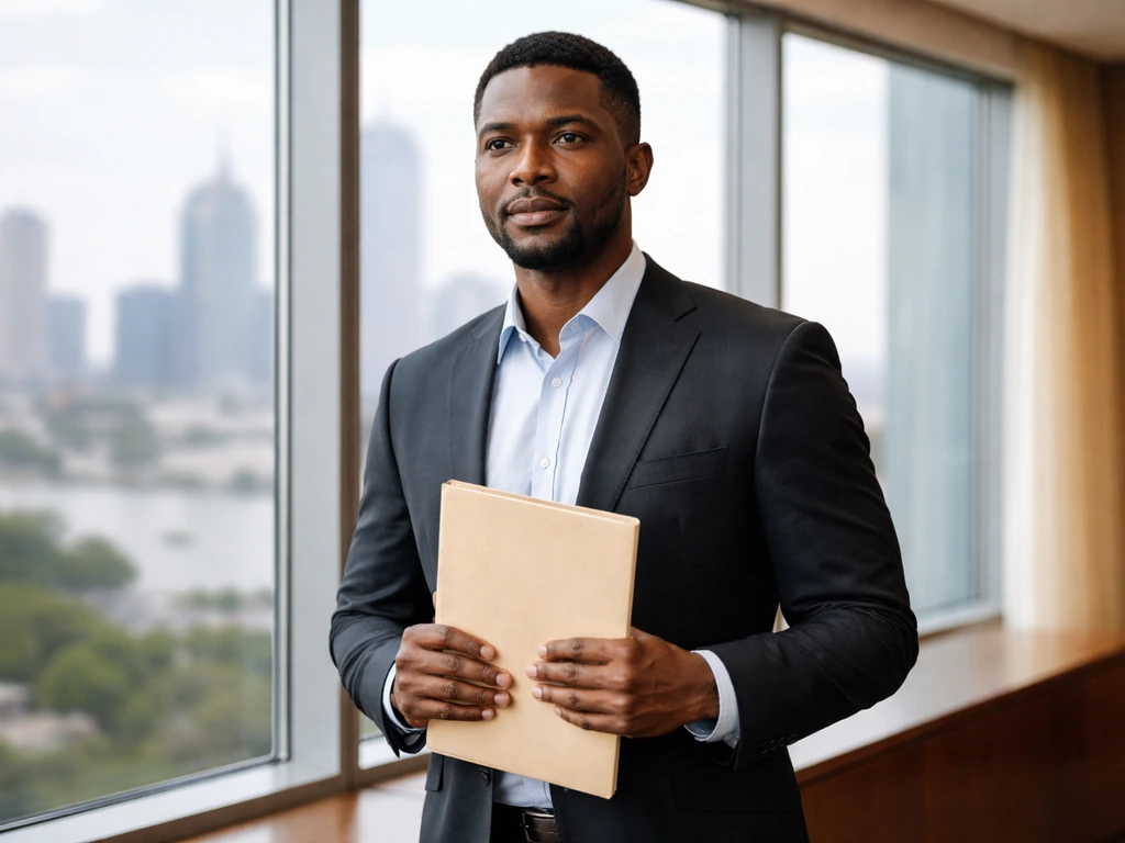 Nigerian banker in a modern office with Lagos skyline view, holding a folder, professional and focused.