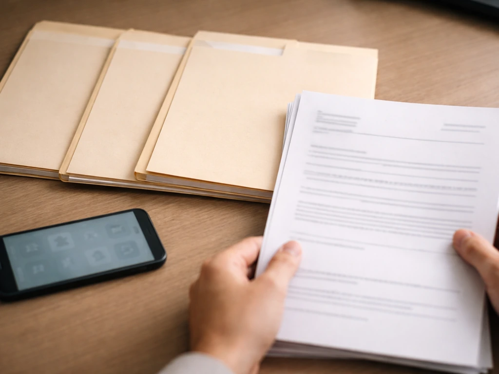 Close-up of neatly arranged document folders and a smartphone showing financial news icons, ready for verification.