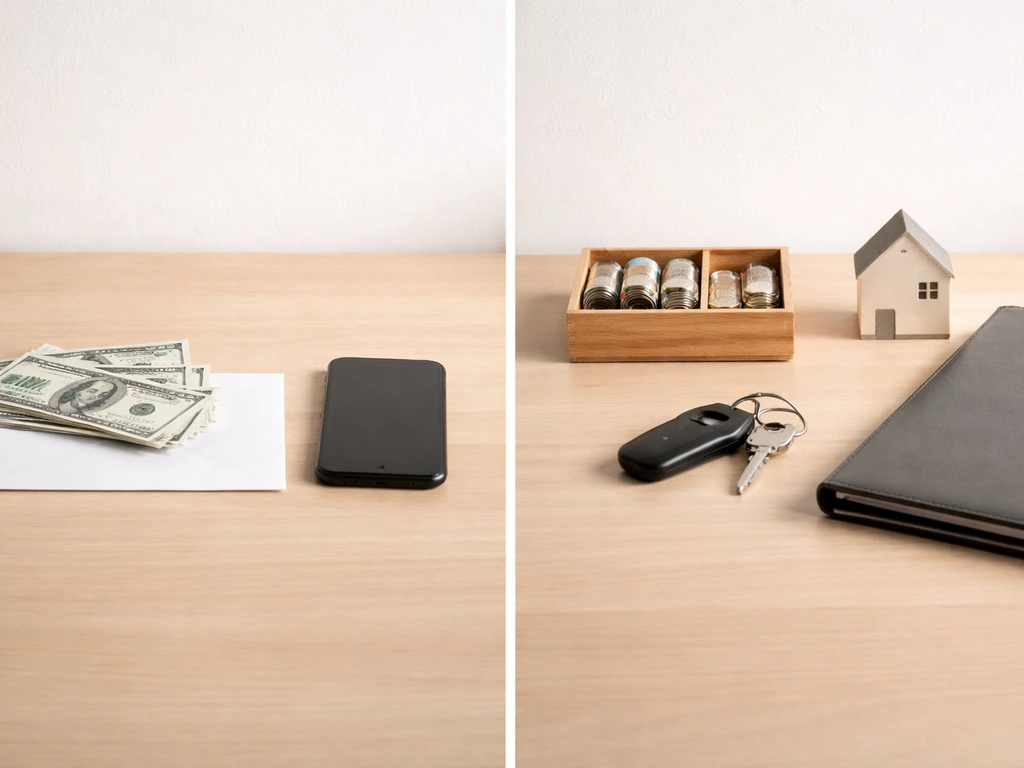 Minimal desk photo contrasting cash/pay receipts on one side and wrapped coins with a key on the other.