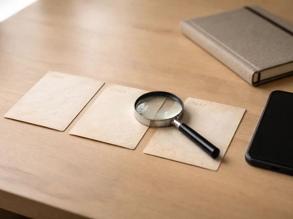 Three dated paper cards, a magnifying glass, and a notebook on a wooden desk suggesting comparing updates over time.