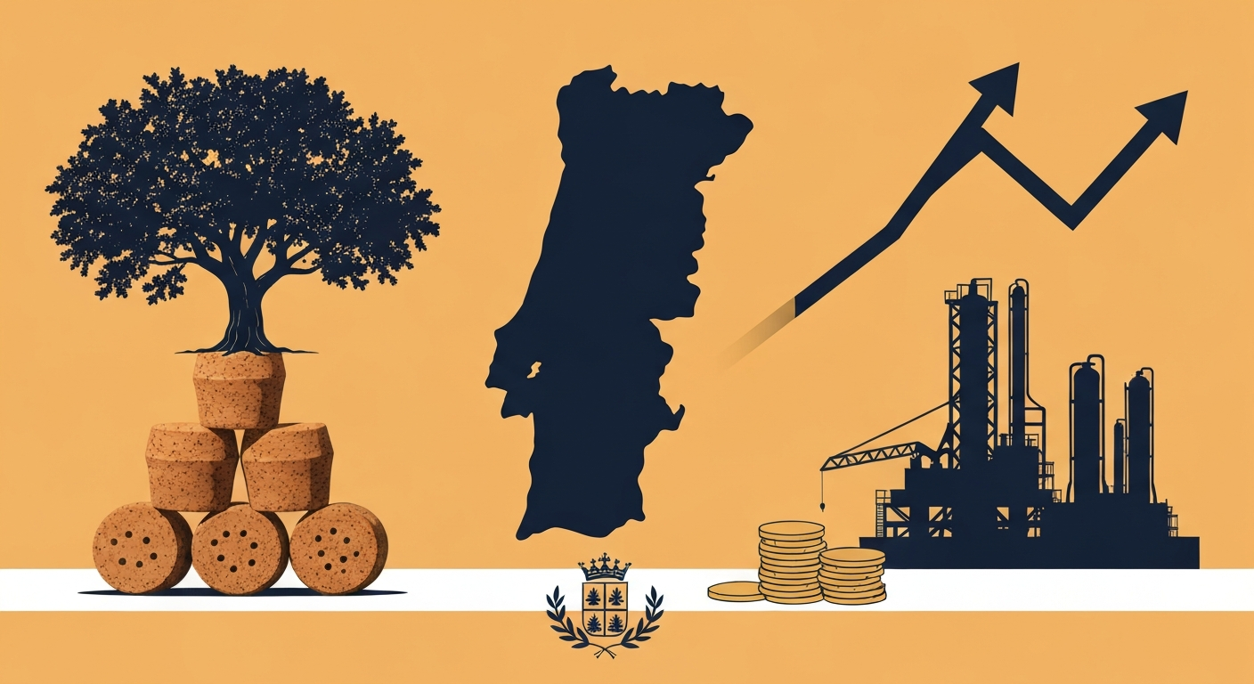 Stylized montage of Portugal with cork oak tree, oil and energy silhouettes, and a financial chart representing Américo Amorim's wealth.