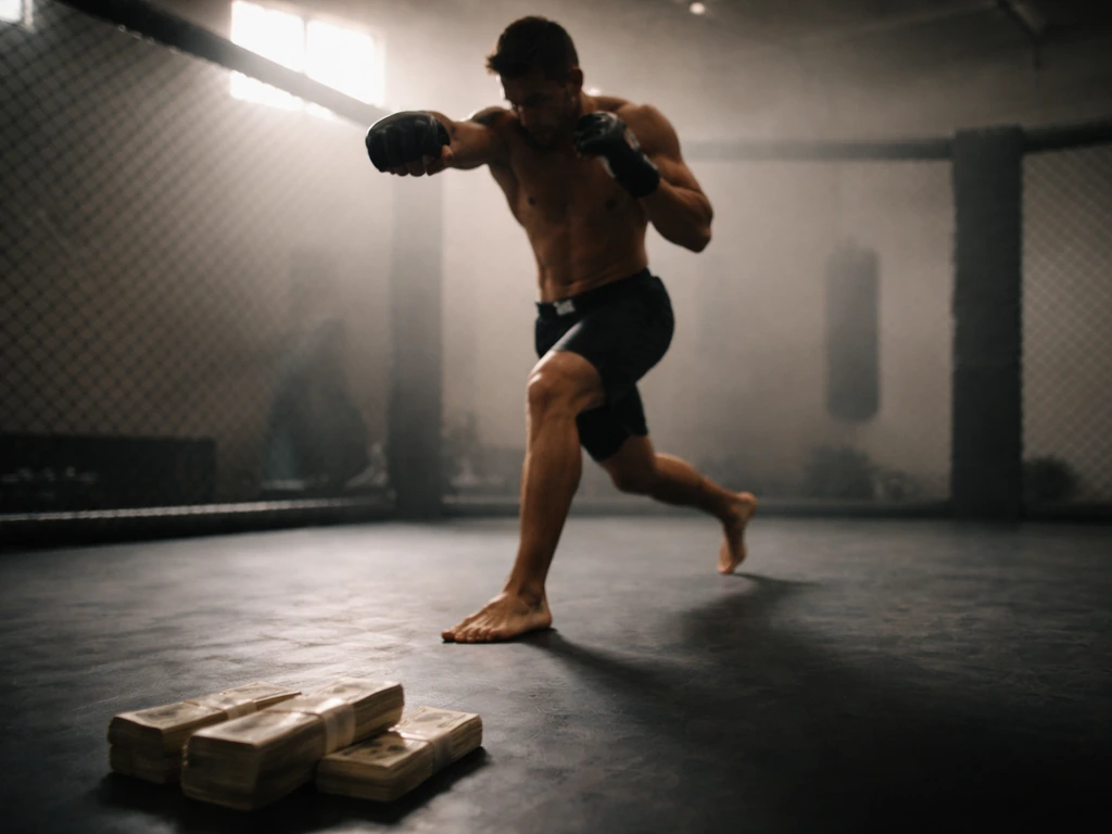 Symbolic MMA training scene with money-themed atmosphere and a professional sports vibe