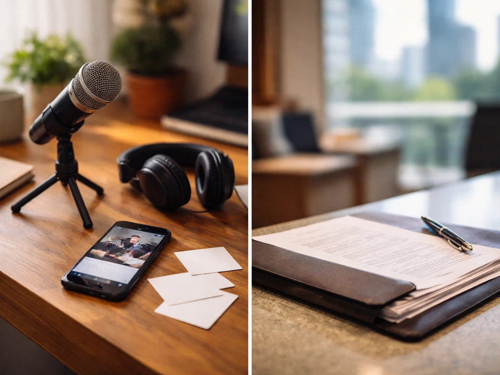 Two-panel collage of a desk with mic and finance paperwork symbolizing confusion between people named Diego Brandão.