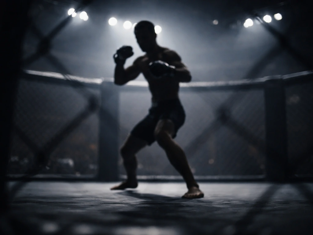 Anonymous MMA fighter in the Octagon mid-fight with chain-link fence and arena lights blurred behind.