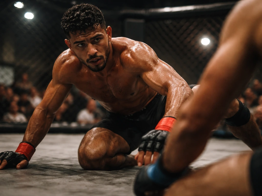 MMA fighter in a regional cage match, focused during a ground scramble under arena lights.