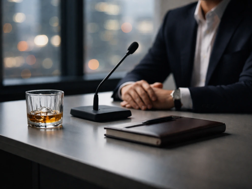 Editorial photo of an anonymous executive at a desk with a glass of whiskey and blurred office lights