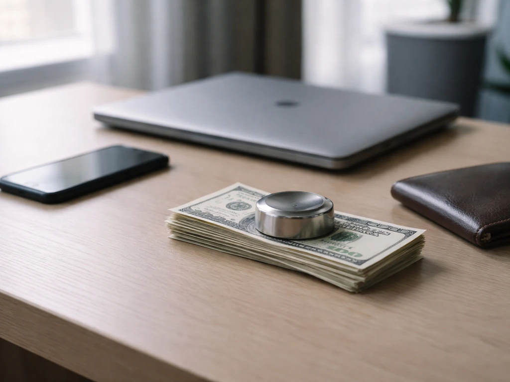 Minimal office desk scene with bills, a wallet, and a laptop suggesting a net worth estimate.