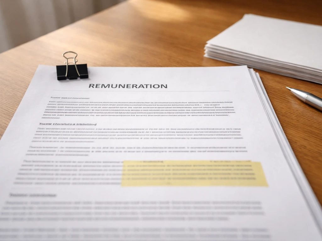 Close-up of corporate remuneration document on a wooden desk with a highlighted paragraph section.