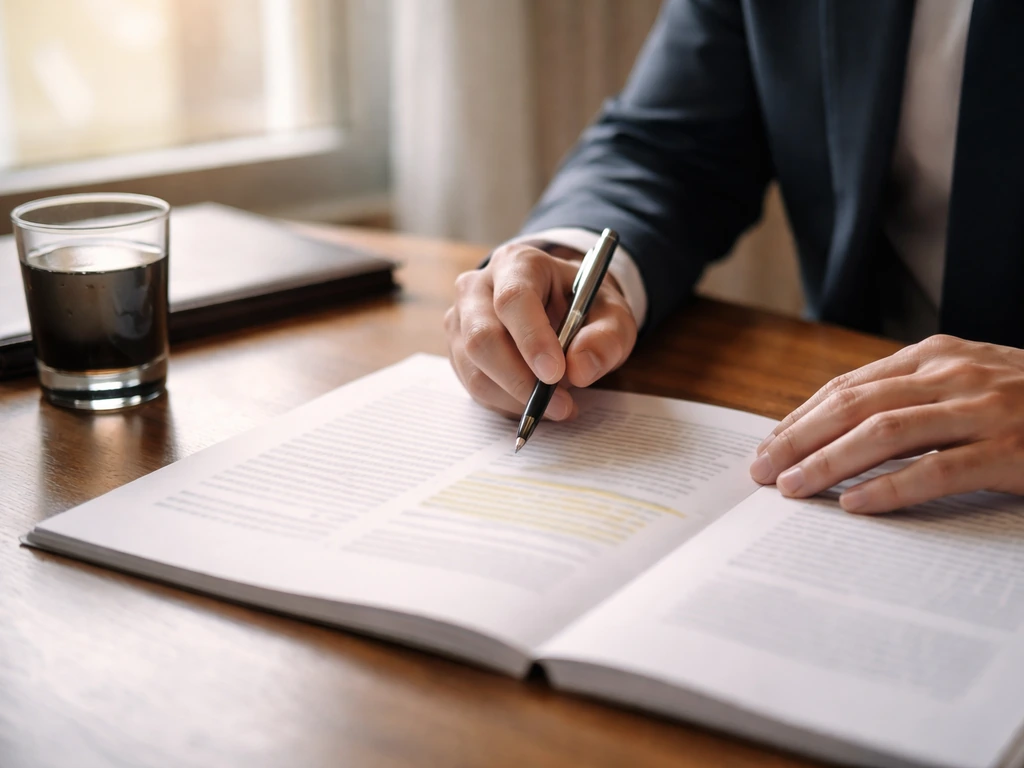 Close-up of a pen and cuffed hands over a single open annual report page on a desk.