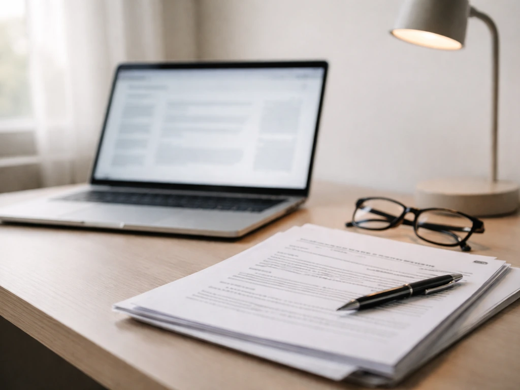 Laptop and document papers on a desk, suggesting verifying annual reports and remuneration updates.