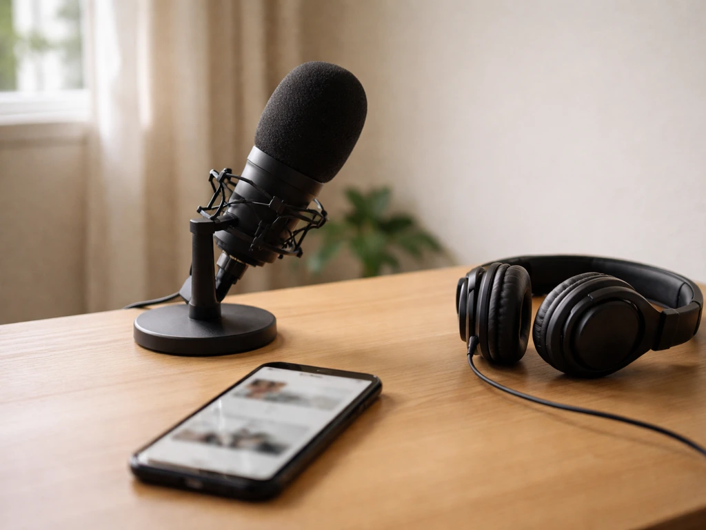 Minimal media-studio desk with microphone and smartphone showing a blurred profile-style screen, no readable text
