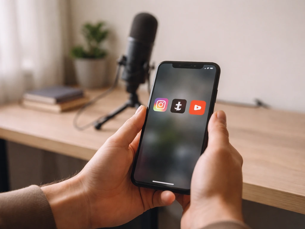 Close-up of a smartphone showing three social app icons with a creator making content in a minimal studio.