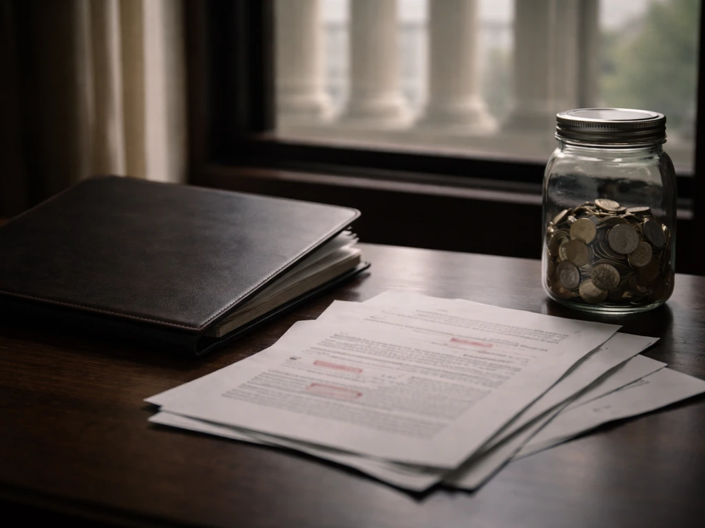 Minimal desk scene with legal folder, blurred documents, and coins suggesting a major financial liability.