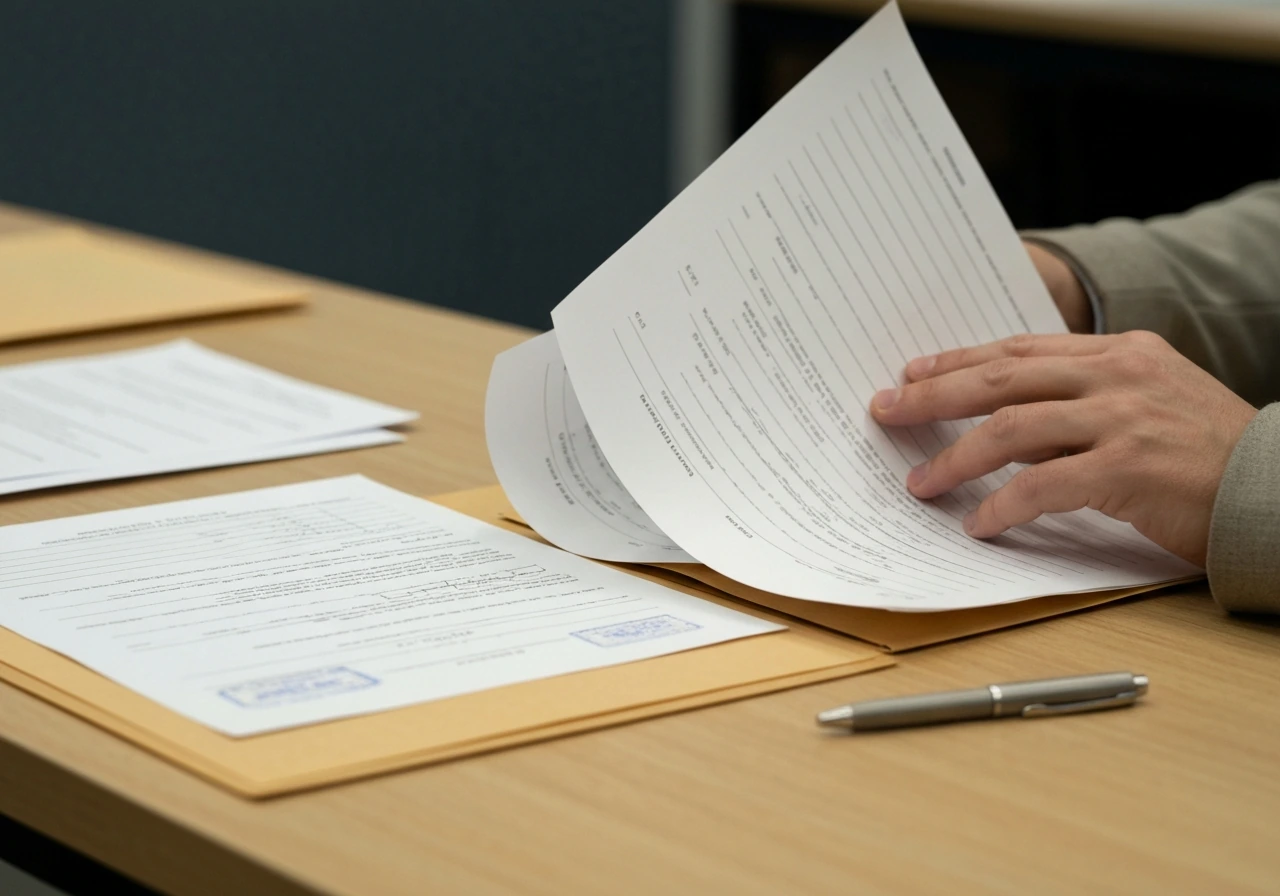 Close-up of a hand flipping through blurred federal court record pages with docket-style notes