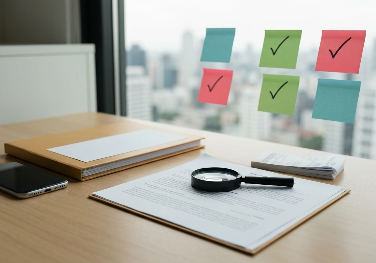 Minimal office desk with blank documents, magnifying glass, and sticky notes suggesting source verification.