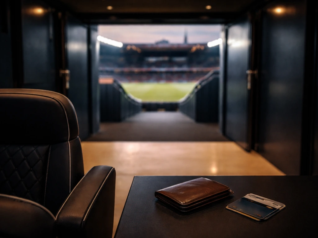Blurred PSG stadium corridor with an empty seat and a wallet setup symbolizing net worth analysis.