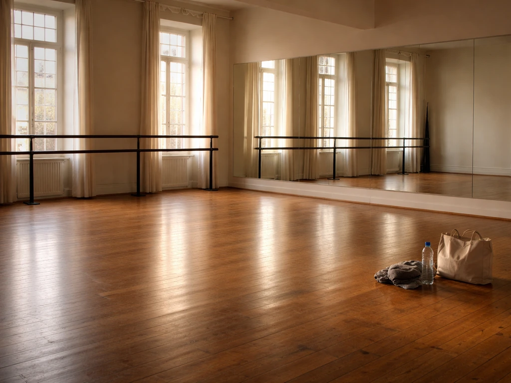 Minimal photo of a dance studio rehearsal space in Lisbon-like light, hinting at Portuguese choreographer work.